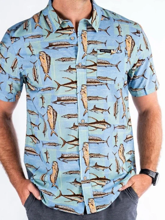 👉 Maui Rippers Aloha Shirt XL Blue Fish Print Hawaiian Button Up Gamefish NWT - Picture 6 of 9